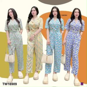 S18909 จั้มสูทปกสูทขายาว ลายดอกไม้ + เข็มขัด