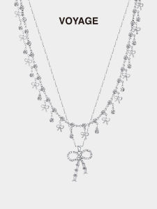 Korean Style Double Layer Zircon Butterfly Knot Tassel Necklace Womens Layering Sweet Cool Accessory High-End Sensation Luxury Collarbone Chain