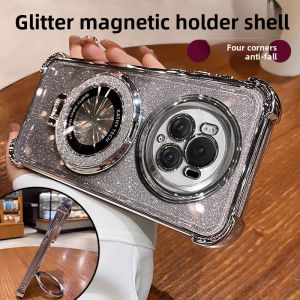Transparent Electroplated Four Corner Airbag Anti-Fall Huawei Honor Magic6 Phone Case New 6Pro Sparkling Powder Magnetic Stand Full Cover 4Pro Premium Feel HONOR Protective Cover Trendy Brand