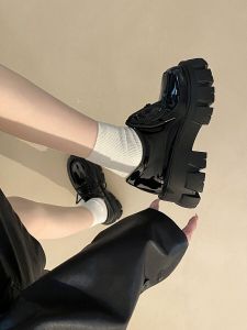 Liu Wen Same Style Thick Sole Platform Shoes Loafers Women British Style Black Gear Height-Increasing Leather Shoes Soft Bottom Lace up Flats