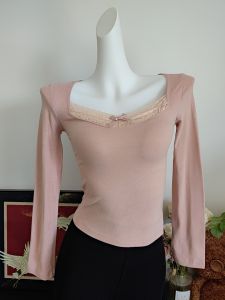 Áo Sơ Mi Cổ Vuông Ren Nối Alice Myeongdong Grey Butterfly Knot Base Women Spring Autumn New Style Sweet Style Long Sleeve Short Length