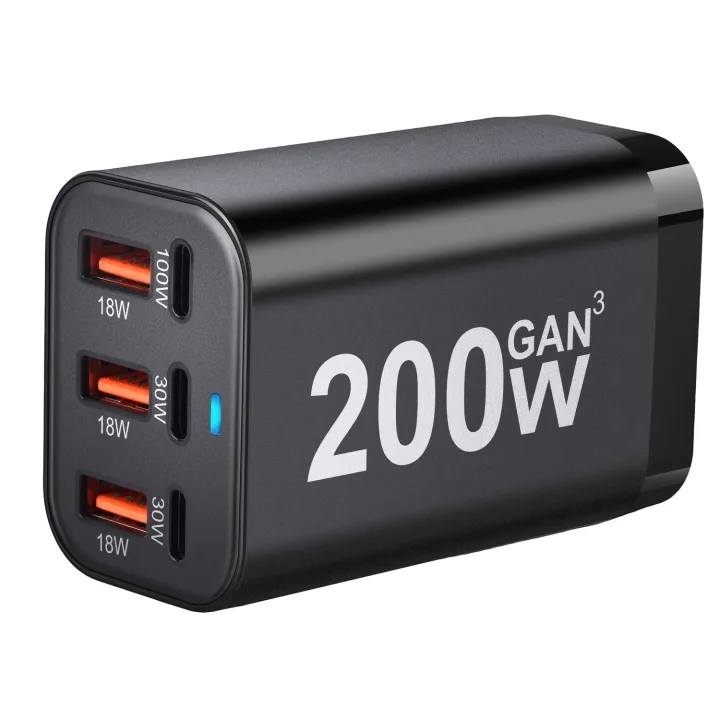 USB C Fast 200W 6-Port Charging Fast GaN Charger Power Adapter For iPhone 16 15 14/13/12 Series, Samsung Galaxy S23/S22/S21