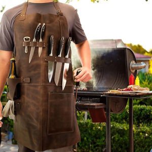 Professional Waterproof PU Apron is Easy to Clean BBQ Garden Multi Functional Pocket Sleeveless Apron