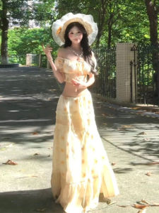 Beach Vacation Style Floral Print Top Skirt Set Short Sleeve Comfortable Fit French Style Two-Piece Suit for Women Autumn Wear