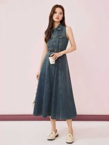 American Retro Knee-Length Sleeveless Denim Dress Womens Midi Summer New Style Vest Long Skirt High Waist A-Line Dress