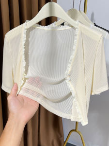 Lightweight Short Sleeve Open Cardigan Lace Trim Shawl Korean Style Slim Fit Summer Top for Women V Neck Short Length