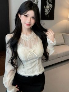 GUZILIAN | Vintage Mesh Lace Spliced Slim Fit Long Sleeve Shirt