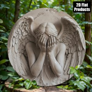 Vintage 2D Metal Wall Art 8x8 Inch Round Iron Angel Sign with Tearful Eyes for Home Office Bar