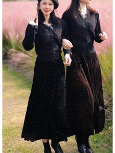 Slimming Velvet Skirt Womens Autumn Winter New Style Half-length Drapey High-waisted Sequin Long Skirt City Commute Party