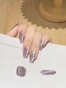 False Nails Handmade Butterfly Bow Moonlight Purple Polka Dot White Enhancing Wearable Nail Art False Nails Tips for Any Skin Type