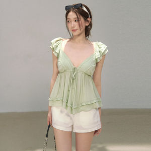 OIOI ESSE | Áo Blouse Mùa Hè Vòng Cổ Dây Rút Tay Phồng Viền Ren