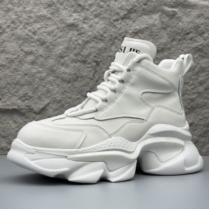 2025 New Mens High Top Dad Shoes White Thick Bottom Casual Sports Shoes Increased Height Chinese Brand round Toe Rubber Outsole
