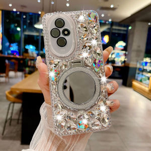 Honor200 pro Silicone Phone Case Full Cover Lens Anti-fall Diamond Embedded with Hanging Rope Makeup Mirror 90 pro Stand Luxury Feel Women
