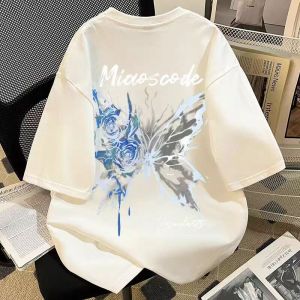 เสื้อยืดแขนสั้นผ้าฝ้ายแท้สไตล์อเมริกัน ทรงหลวม สำหรับผู้ชายและผู้หญิง ลายผีเสื้อ แฟชั่นฤดูร้อน ทรงหลวม ระบายอากาศได้ดี