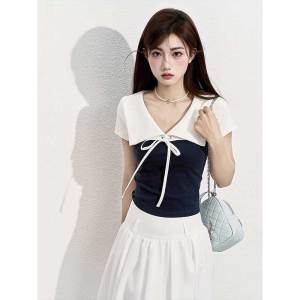 เสื้อยืดคอโปโลผู้หญิงแขนสั้นทรงสลิมฟิตสไตล์เกาหลีช่วงไหล่ เสื้อผ้าทำงานฤดูร้อน ผ้าฝ้ายผสมคอตตอนผสมโพลีเอสเตอร์