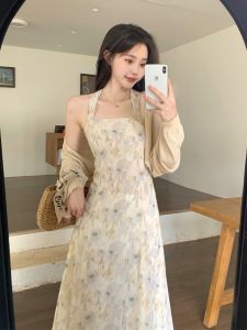 French Style Retro Long Sleeve Chiffon Dress for Women Summer Large Size Slimming Anti-Sun Two-Piece Set with Tight Waist and Square Collar