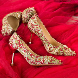 Two-Way Wear Wedding Shoes Chinese Style Bride Gown Crystal Embellished Fashionable Single Shoes for Young Women Daily Wear