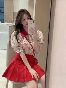 DIKE Short Skirt Mini Skirt Korean Skirt Pleated Women A-Line High Waist College Style Student red Skirt