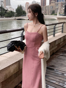 สีชมพู เดนิม ยาว แขนกุด เดรส ผู้หญิง แฟชั่น 2023 ใหม่ ฤดูใบไม้ร่วง สูง เอว คอวี กระโปรงทรงเอ สไตล์การเดินทาง โพลีเอสเตอร์ ผ้า