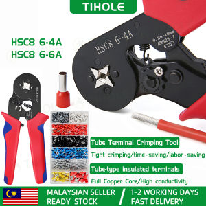 TIHOLE HSC8-6-4A/6-6A Professional Crimper 0.25-10mm² Tubular Terminal Crimping Tool cable lug crimper tool with Ratchet Mechanism High Carbon Steel Electrician Pliers for AWG23-7 Wires Anti Slip Handle Pressure Adjustable