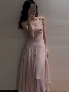 QFN | Girly Romantic Pink 2026 Autumn French Style Elegant Long Dress