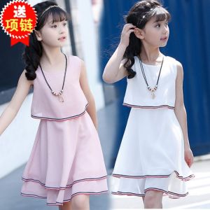 Princess Style Girls Dress Summer New Arrival Korean Version Soft Chiffon Mid-Length Skirt Cool Sensation Thin Fabric round Neck