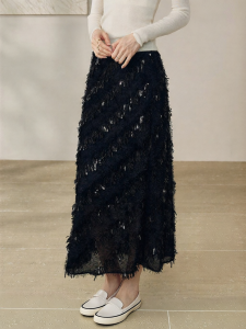 Roey s house | Chân Váy Dài A-Line Cao Waist Fringe Sequin Đen Sang Trọng