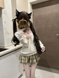 Original Mars Home JK Uniform Long Sleeve Sweater Knitted Dressing Autumn Winter Womens Plaid Mini Skirt High Waist A-Line