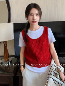 Retro Red U-Neck Twisted Knitted Vest Women Early Autumn New Korean Style Small Size Versatile Layering Sweater Vest