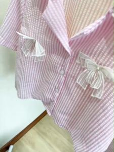 TW22168 Set 2 ชิ้น เสื้อเชิ้ตแขนสั้นลายริ้ว อกติดโบว์ + กางเกงขายาว ..