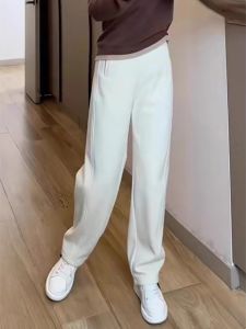 กางเกงวอร์มผ้าไหมน้ำขาวทรงสลิมฟิตสำหรับผู้หญิง กางเกงขายาวทรงตรงเอวสูง ทรงหลวม สีขาว ฤดูใบไม้ร่วง 2024