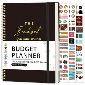 สมุดวางแผนงบประมาณ A5 พร้อมสติกเกอร์ 3 แผ่น สมุดจัดการการเงินรายเดือนแบบไม่มีวันที่ สมุดบันทึกงบประมาณสำหรับการจัดการเงิน การไหลของเงินสด