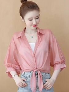 เสื้อเชิ้ตผ้าชีฟองบางหรูหราสำหรับผู้หญิง ฤดูร้อน 2025 ใหม่ เสื้อคลุมกันแดด แขนสั้น ผ้าฝ้ายผสม คอวี ทรงหลวม แขนกุด