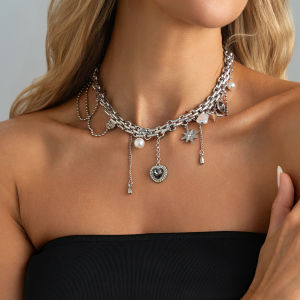 Ingemark | Ingemark Elegant Imitation Pearls Black Heart Acrylic Pendant Necklace Women Trendy Silver Color Metal Chain Wed Bridal Jewelry