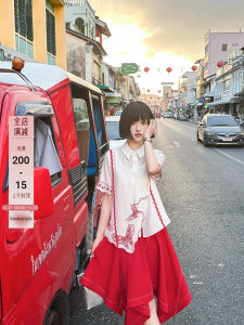 Kuliliangping Butterfly Embroidery Acetate Patchwork Loose Short Sleeve Shirt Original Design Straight Cut Summer Polo Collar