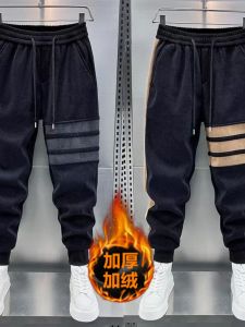 Autumn and Winter Men New Arrival Fleece-lined Thickened Three-Pole Track Sweatpants Elastic Waist Stripes Elastic Ankle-Tied Casual Pants