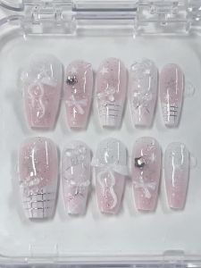 10 Pieces of Trapezoidal Pink Gradient French-Style Handmade Nails Pink Fresh Bowknot Plaid Stars Romantic and Cute Removable Wearable Nails Decorated with 3D Cute Bowknots Fresh and Cute Y2K Style Hot-Selling All-Season Model Nail Stickers Suit...