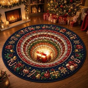 VIKAMA 3D Gnome Giáng Sinh Thảm Tròn Lỗ Đen In Dép Nỉ Chống Trơn Trượt Thảm Phòng Khách Ngày Lễ Trang Trí Polyester Mềm Sàn Nhà