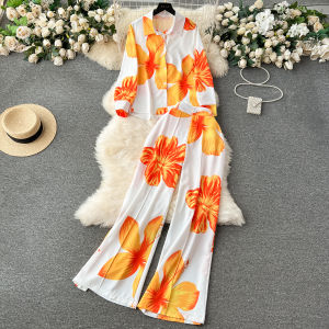 Fashion Lightly Mature Classy Sensitive Print Printed Shirt Two-piece Set Female Slim Looking Temperament High Waist Wide Leg Pants Fashion Suit