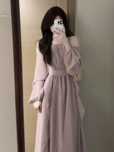Elegant Purple Dress Womens High Waist A-Line Skirt Long Sleeve Autumn Winter Beach Vacation Soft Style Beautiful Dress