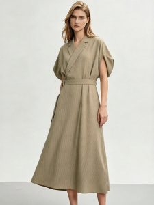 AMII | Business Style Suit Collar Striped Dress With Buckle Belt Decoration