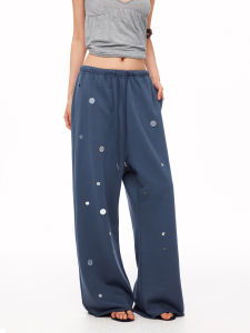 Drawstring Metallic Round Patches Loose Fitting Sporty Casual Pants for Spring and Summer