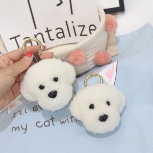 Small White Dog Real Lamb Fur Teddy Pendant Bichon Fur Toy Bag Bag Charm Stuffed Cartoon Car Key Ring