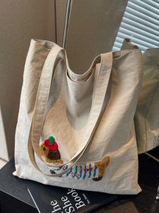Large Capacity Canvas Tote Bag Womens Commuter Shoulder Bag Stylish Sausage Dog Design Trendy Ins Student Class Bag