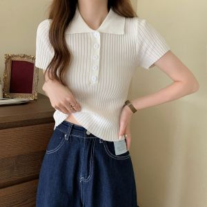 🎀 SIS Korean style casual T-shirt Polo Collar Short Sleeve Knitted Tops for women