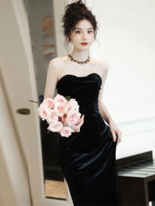 Black Evening Dress French Velvet Fancy Light Luxury Minority Birthday Banquet Host Wedding Morning Gowns Bride
