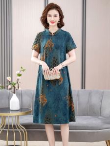 Mom Summer Clothes Mandarin Collar Short Sleeve Dress Womens Noble Fashion Silk Dress for Middle-Aged and Elderly People Temperament Dress