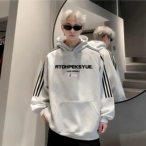 เสื้อสเวตเตอร์คอกลมแขนยาวทรงหลวมสไตล์อเมริกันย้อนยุคสำหรับผู้ชาย ผ้าฝ้ายแท้ 3 แถบ หนา อบอุ่น ใส่ได้ตลอดทั้งปี