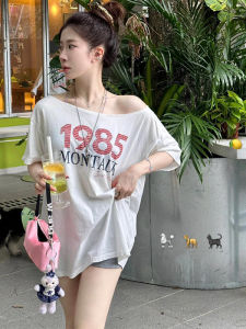 YUEZHONGWEI | American Style Spicy Girl Letter Print One Shoulder Short Sleeve T-Shirt Women Summer Loose Slim Fit Shoulder Bared Half Sleeve Top