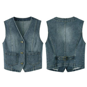 เสื้อกั๊กยีนส์คอวีแขนกุดสำหรับผู้หญิง ฤดูร้อน 2024 เสื้อคลุมกันหนาวแบบสั้น ผูกหลัง ทรงเข้ารูป ผ้าผสมคอตตอนโพลีเอสเตอร์ คลุมไหล่